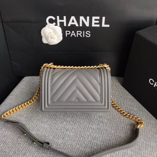 Chanel Le Boy Flap Shoulder Bag Original Calf leather A67085 grey Gold Buckle