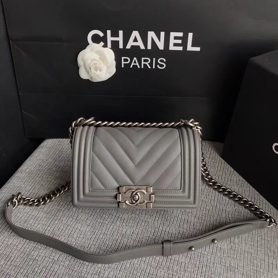 Chanel Le Boy Flap Shoulder Bag Original Calf leather A67085 grey silver Buckle