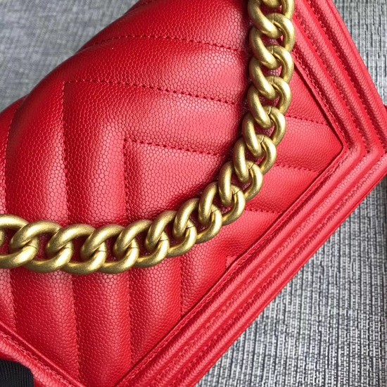 Chanel Le Boy Flap Shoulder Bag Original Caviar Leather P67085 Cherry Gold Buckle