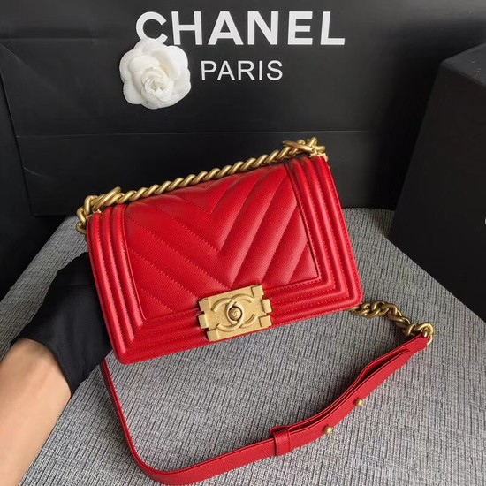 Chanel Le Boy Flap Shoulder Bag Original Caviar Leather P67085 Cherry Gold Buckle