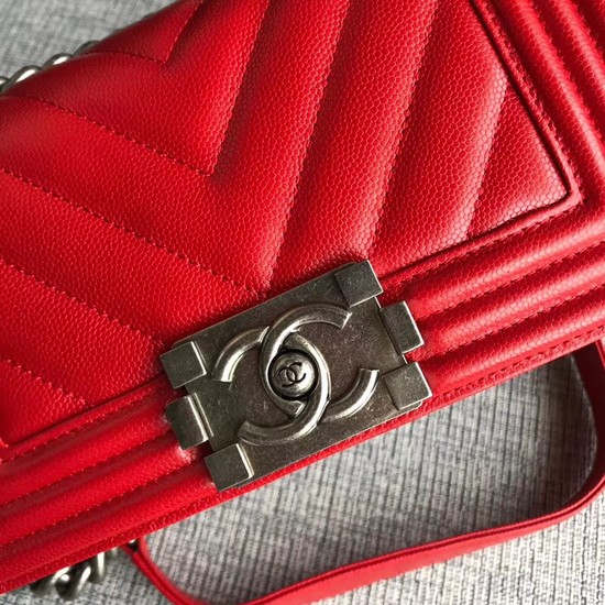 Chanel Le Boy Flap Shoulder Bag Original Caviar Leather P67085 Cherry silver Buckle