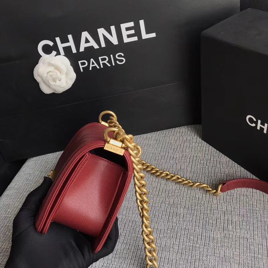 Chanel Le Boy Flap Shoulder Bag Original Caviar Leather P67085 Deep red Gold Buckle