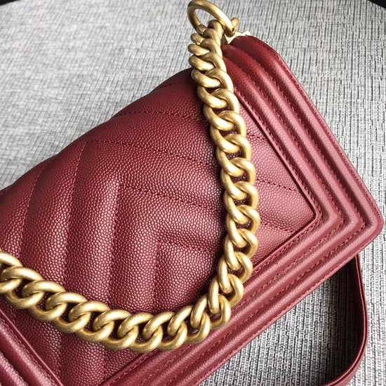 Chanel Le Boy Flap Shoulder Bag Original Caviar Leather P67085 Deep red Gold Buckle