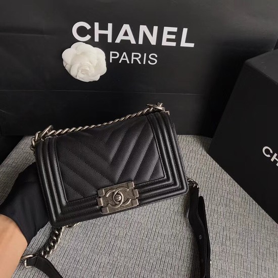 Chanel Le Boy Flap Shoulder Bag Original Caviar Leather P67085 black silver Buckle