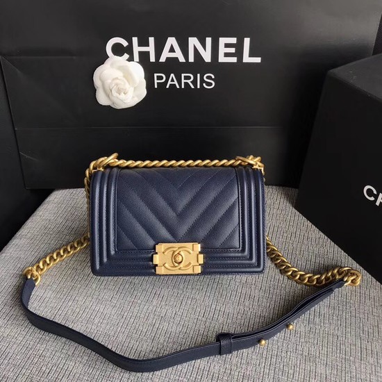 Chanel Le Boy Flap Shoulder Bag Original Caviar Leather P67085 dark blue Gold Buckle