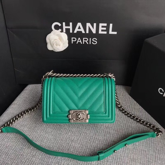 Chanel Le Boy Flap Shoulder Bag Original Caviar Leather P67085 green silver Buckle