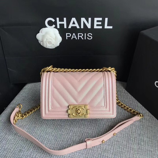 Chanel Le Boy Flap Shoulder Bag Original Caviar Leather P67085 pink Gold Buckle