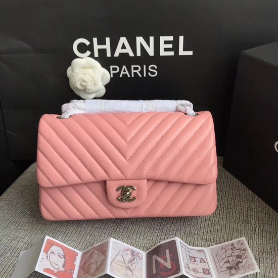 Chanel Flap Original Lambskin Leather Shoulder Bag 1112V Cherry Pink silver chain