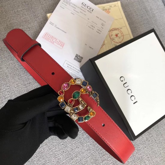 Gucci Leather belt with crystal Double G buckle 513183 red