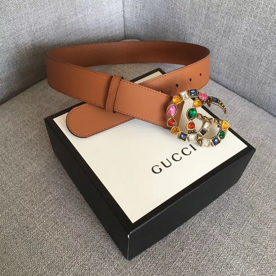 Gucci Leather belt with crystal Double G buckle 513184 Camel