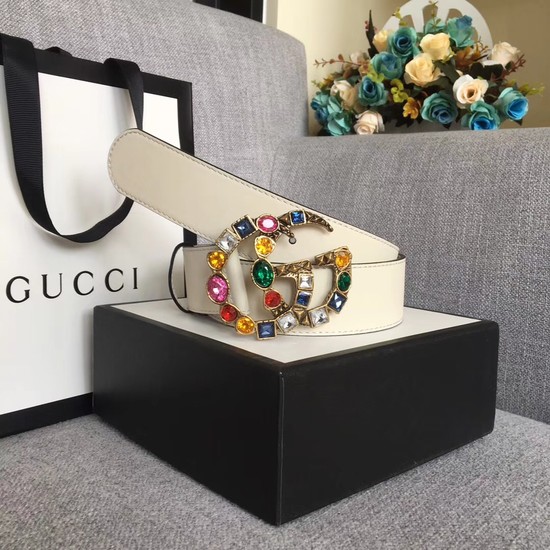 Gucci Leather belt with crystal Double G buckle 513184 white