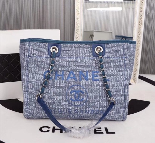 Chanel Canvas Shopping Bag Calfskin & Silver-Tone Metal A23556 blue