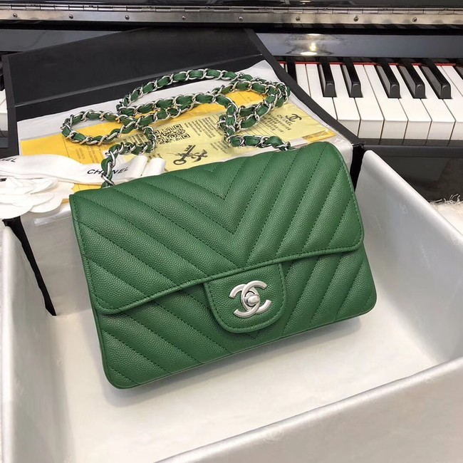 Chanel Small Classic Handbag Grained Calfskin & silver-Tone Metal A69900 green