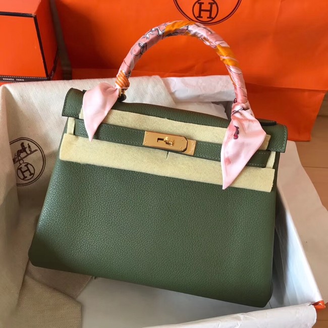 Hermes original Togo leather kelly bag KL320 Blackish green