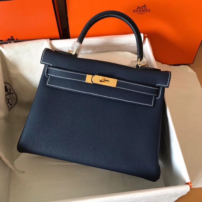 Hermes original Togo leather kelly bag KL320 dark blue