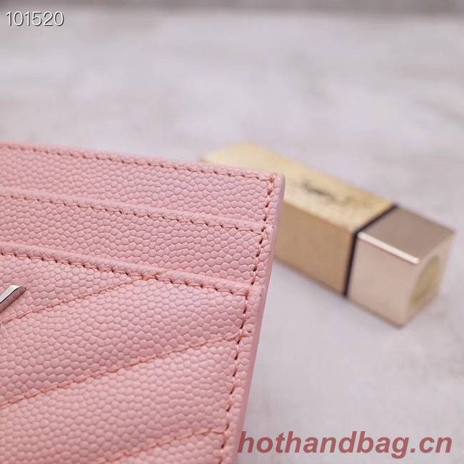 SAINT LAURENT Monogram leather card holder 88337 Rose Ballerine Silver-Tone Metal