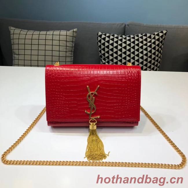 SAINT LAURENT Kate croc-embossed leather shoulder bag 474366 red