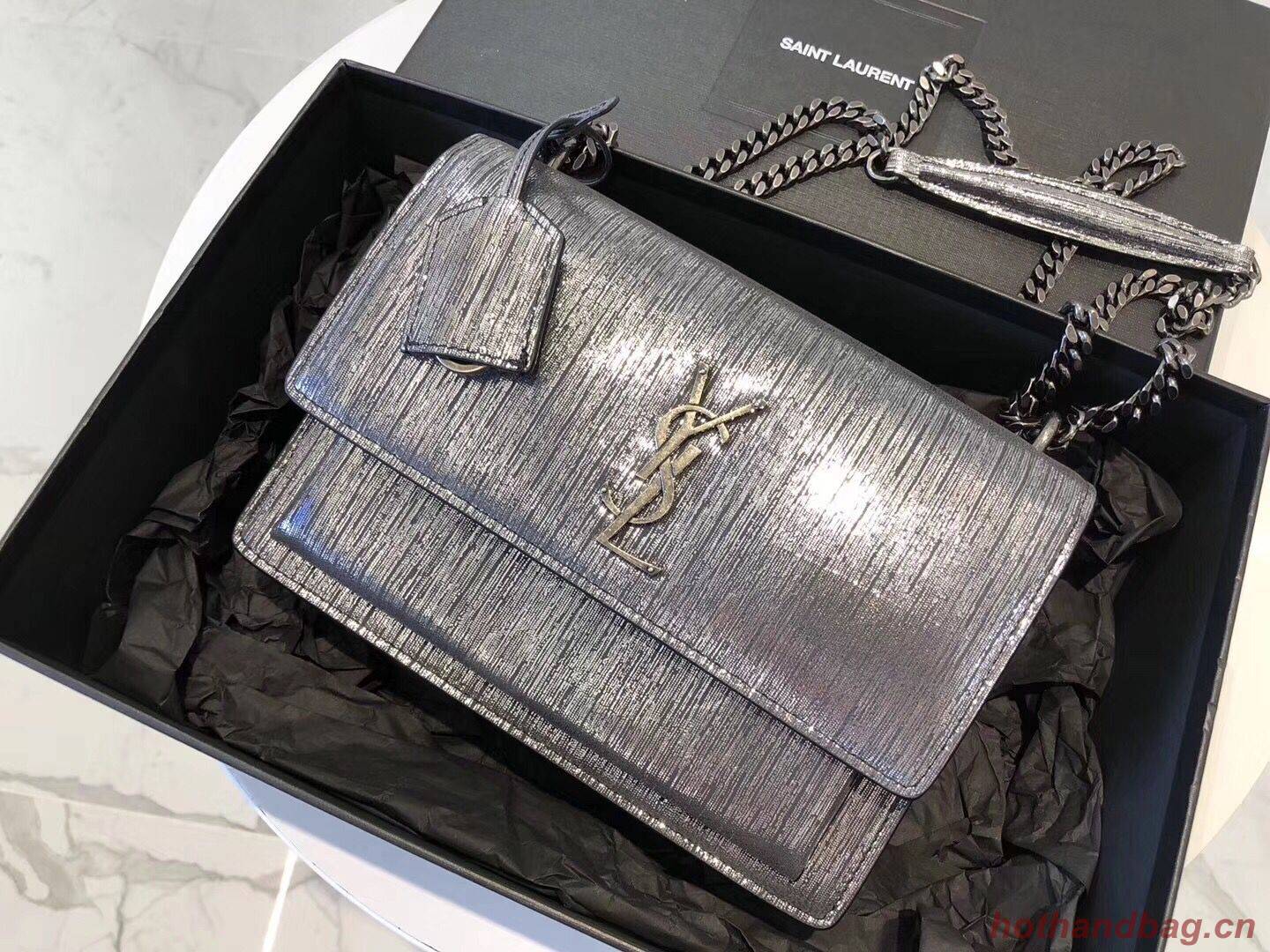 SAINT LAURENT Monogram Sunset medium Silver Wire cross-body Bag 442906 Silver