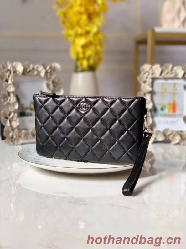 Chanel Lambskin Clutch Bag & silver-Tone Metal A010 black