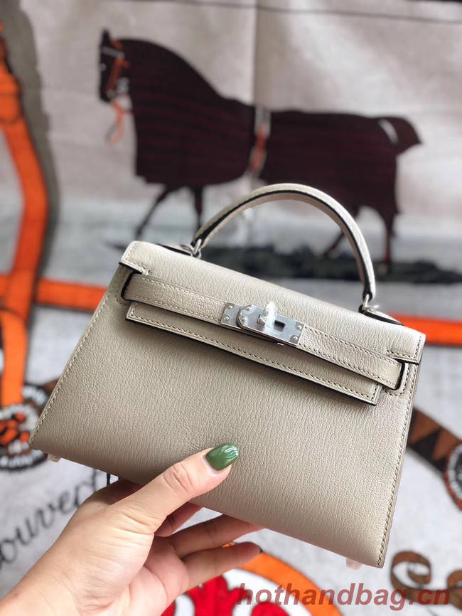 Hermes original mini Kelly chevre mysore K19CM light grey&silver Metal