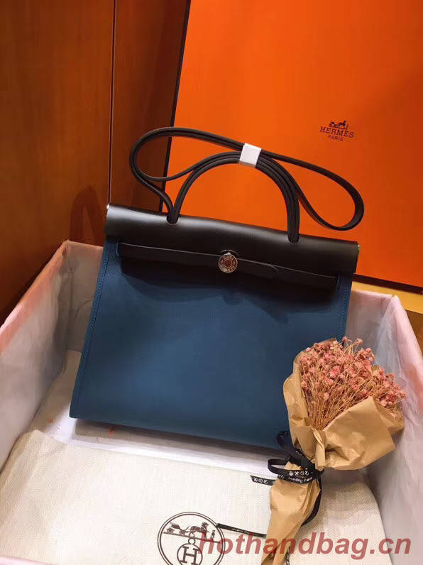 Hermes Herbag 31CM Original Canvas Leather & Calfskin 45987 Blue&Black