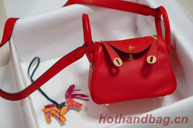 Hermes mini Lindy Togo Leather Bag LD19 red&gold-Tone Metal