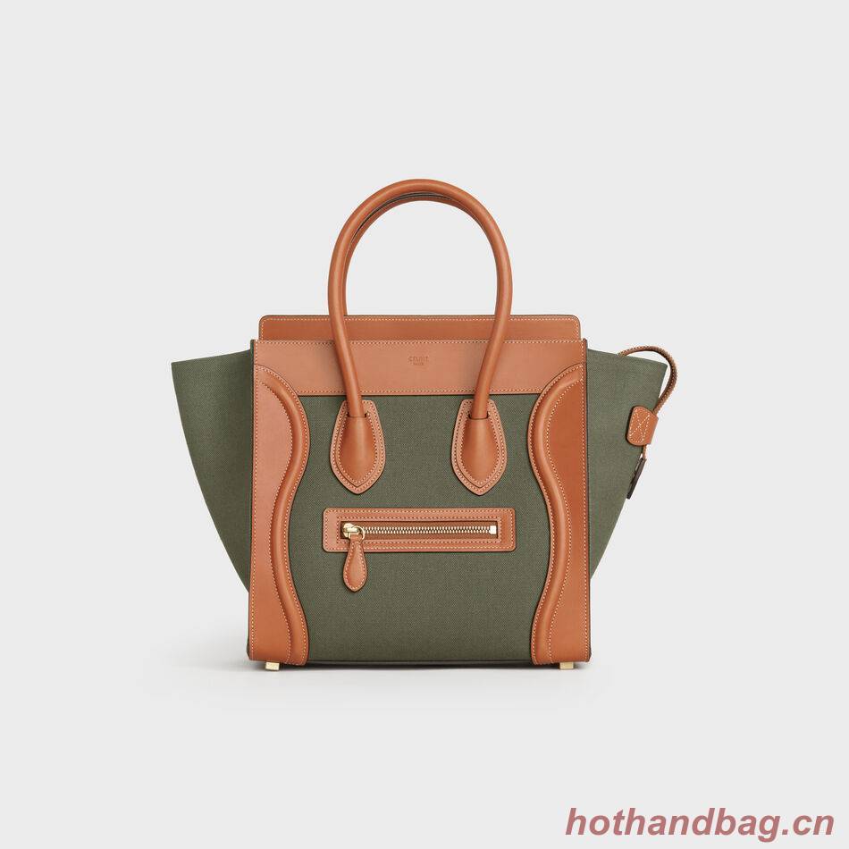 CELINE MICRO LUGGAGE HANDBAG IN TEXTILE AND CALFSKIN 167793 TAN&Khaki