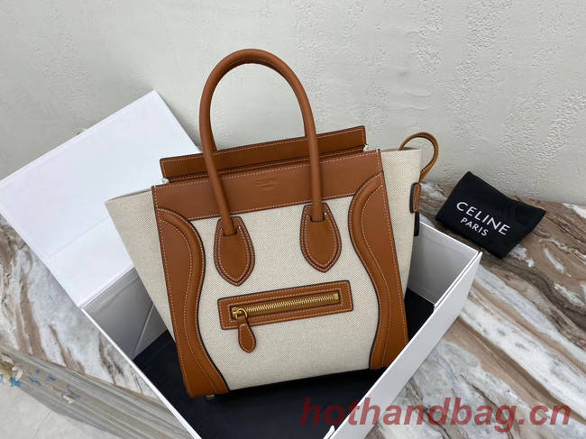 CELINE MICRO LUGGAGE HANDBAG IN TEXTILE AND CALFSKIN 167793 TAN&WHITE