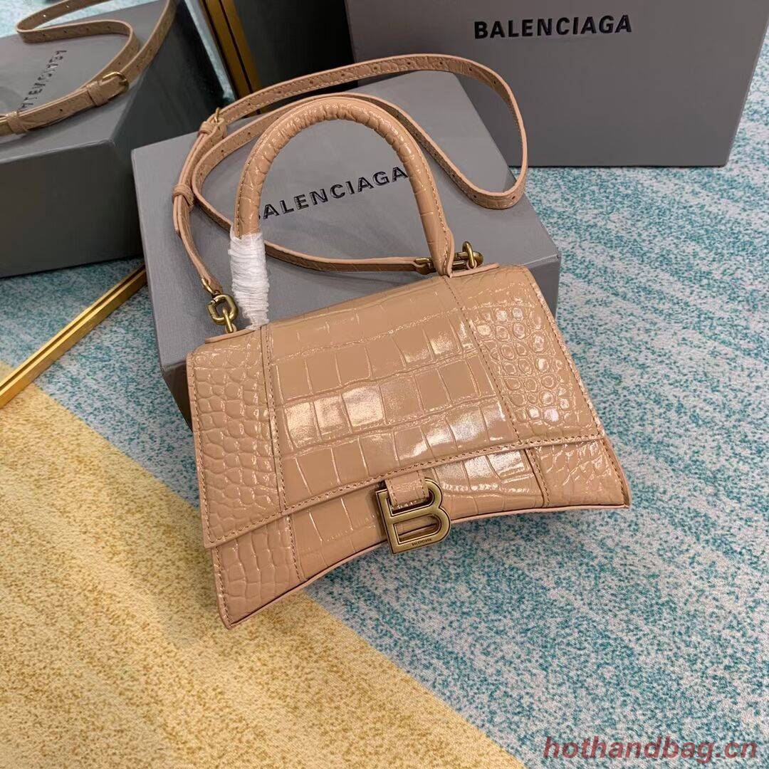 Balenciaga HOURGLASS SMALL TOP HANDLE BAG crocodile embossed calfskin B108895E apricot