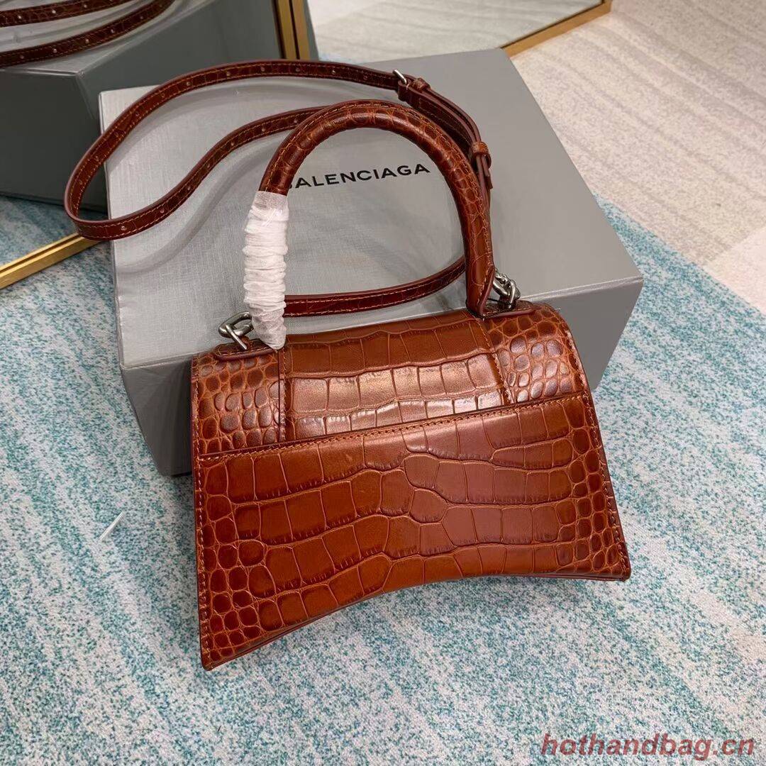 Balenciaga HOURGLASS SMALL TOP HANDLE BAG crocodile embossed calfskin B108895E brown