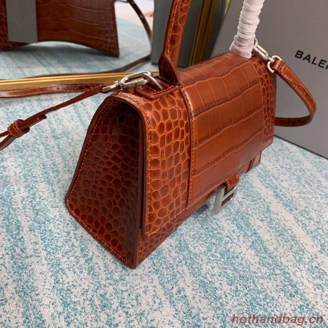 Balenciaga HOURGLASS SMALL TOP HANDLE BAG crocodile embossed calfskin B108895E brown