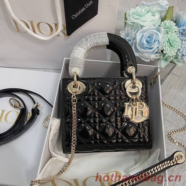 MINI LADY DIOR BAG Patent Cannage Calfskin M0566OW black&gold