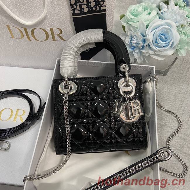 MINI LADY DIOR BAG Patent Cannage Calfskin M0566OW black&silver