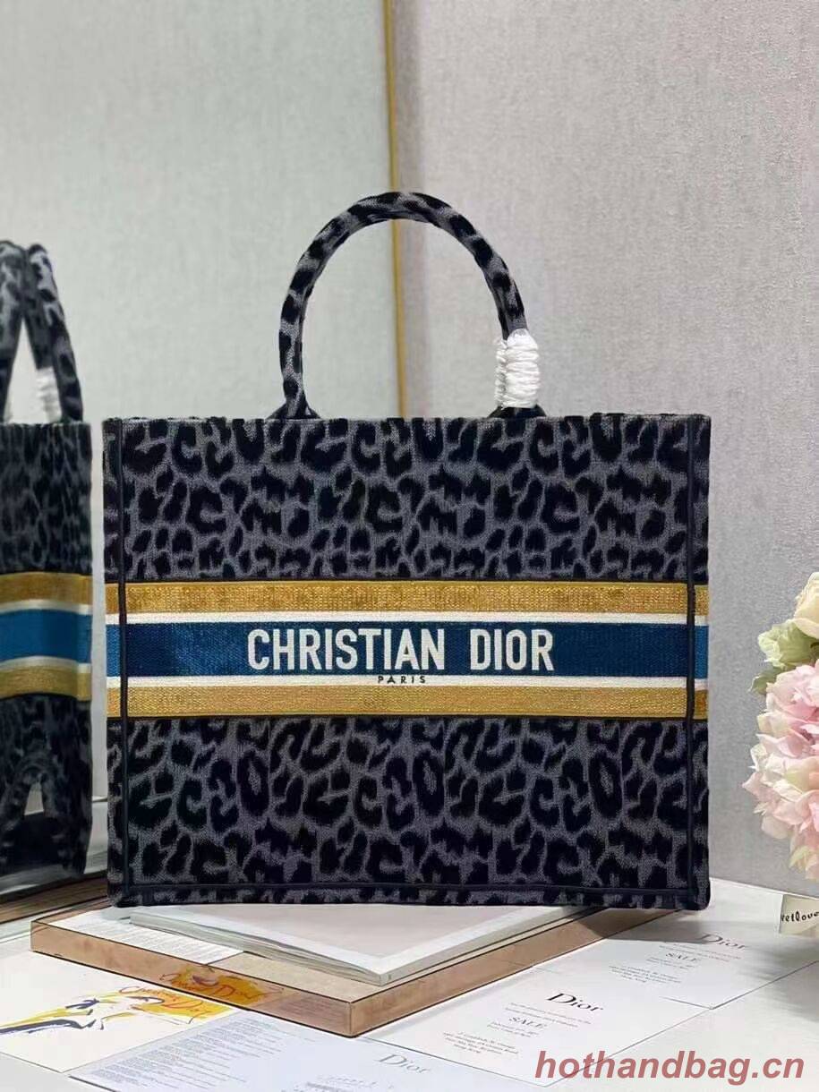 DIOR BOOK TOTE Embroidery C1286-4 Black&gray Leopard Print