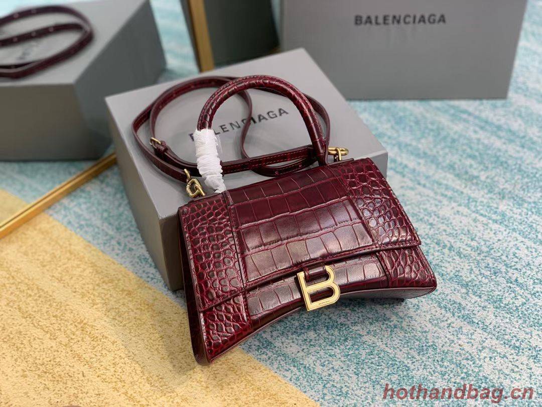 Balenciaga HOURGLASS SMALL TOP HANDLE BAG crocodile embossed calfskin B108895E Burgundy 