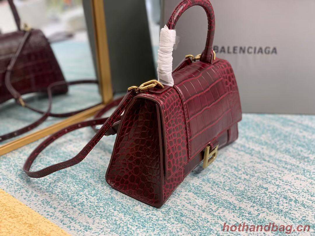 Balenciaga HOURGLASS SMALL TOP HANDLE BAG crocodile embossed calfskin B108895E Burgundy 