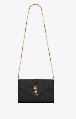 SAINT LAURENT MONOGRAM CHAIN WALLET IN MIX MATELASSE GRAIN DE POUDRE EMBOSSED LEATHER 620280 BLACK&GOLD