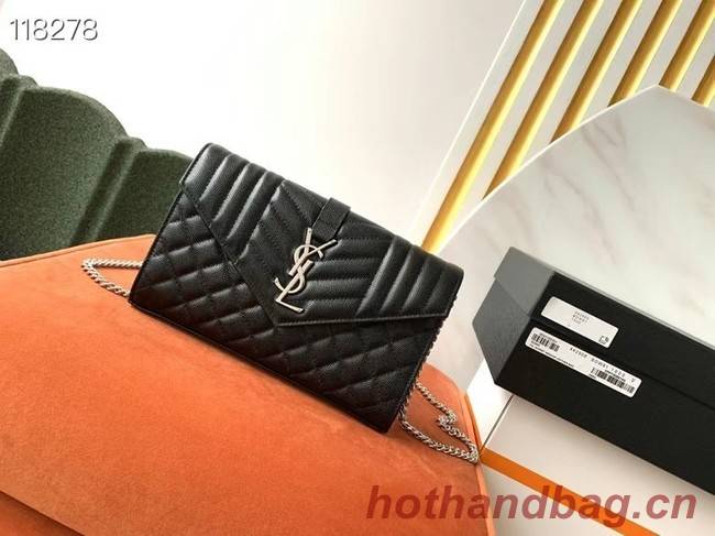 SAINT LAURENT MONOGRAM CHAIN WALLET IN MIX MATELASSE GRAIN DE POUDRE EMBOSSED LEATHER 620280 BLACK&SILVER