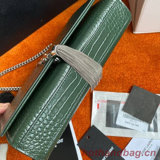 Yves Saint Laurent KATE CHAIN WALLET WITH TASSEL IN CROCODILE-EMBOSSED SHINY LEATHER 452159B blackish green