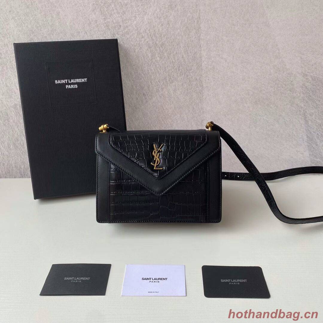 Yves Saint Laurent GABY MINI SATCHEL CROCODILE-EMBOSSED SHINY LEATHER Y568890 black