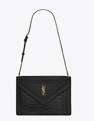 Yves Saint Laurent GABY SATCHEL IN CROCODILE-EMBOSSED LACQUERED LEATHER AND LAMBSKIN 695724 black