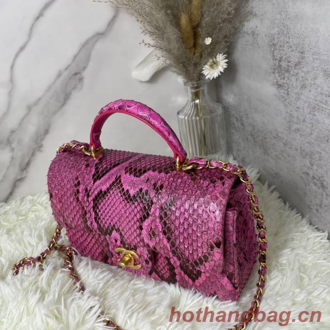 Chanel Snake skin mini flap bag with top handle AS2431 Fuchsia