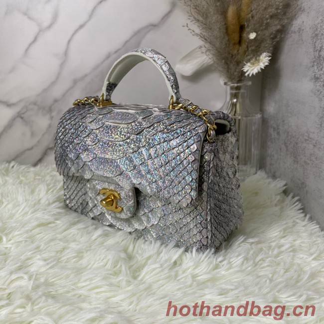 Chanel Snake skin mini flap bag with top handle AS2431 silver