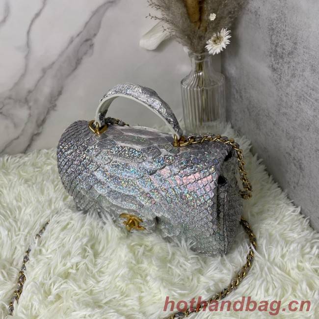 Chanel Snake skin mini flap bag with top handle AS2431 silver