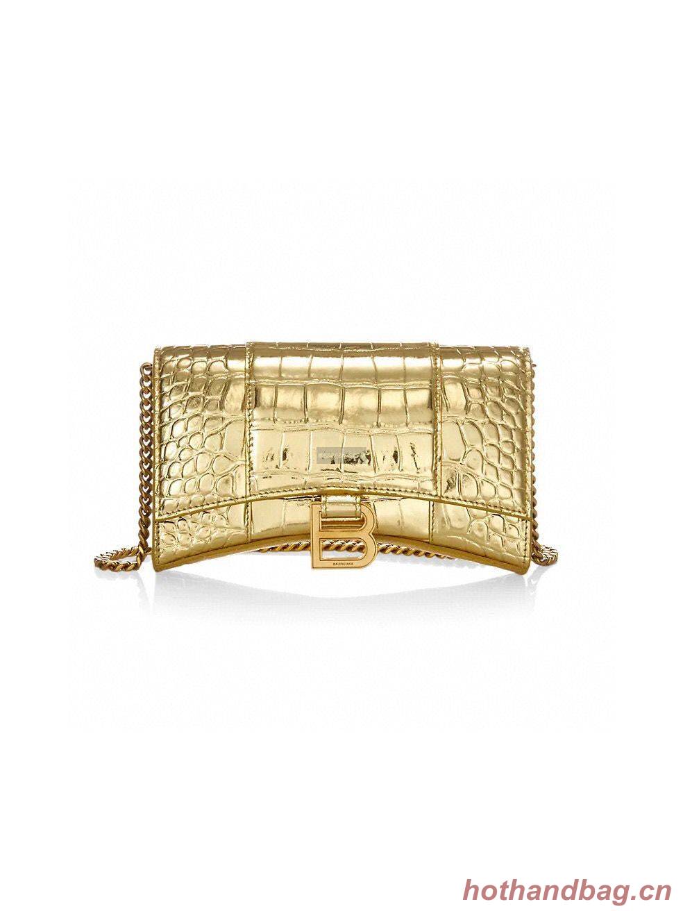 Balenciaga HOURGLASS Wallet With Chain Crocodile Embossed 656050 Gold