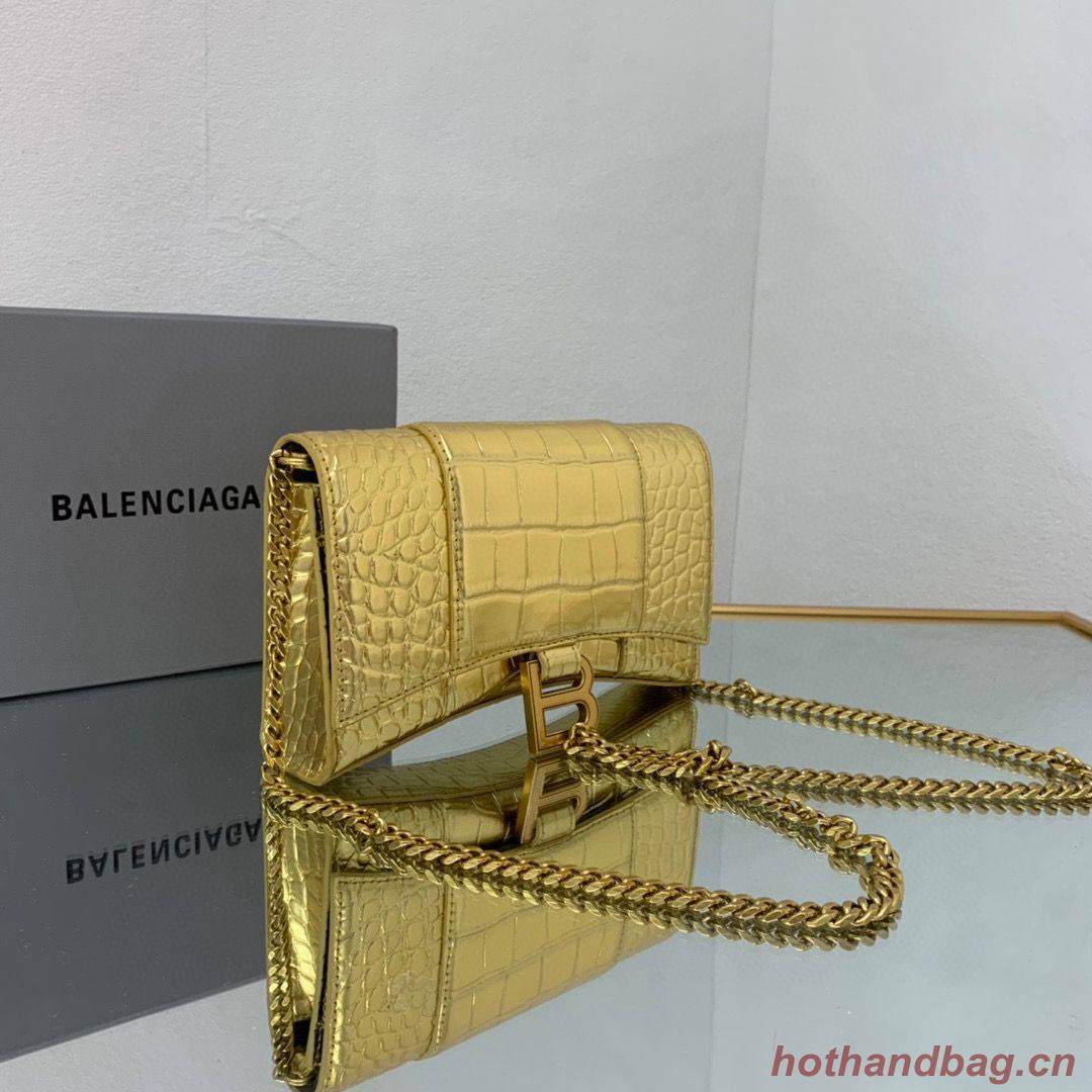 Balenciaga HOURGLASS Wallet With Chain Crocodile Embossed 656050 Gold