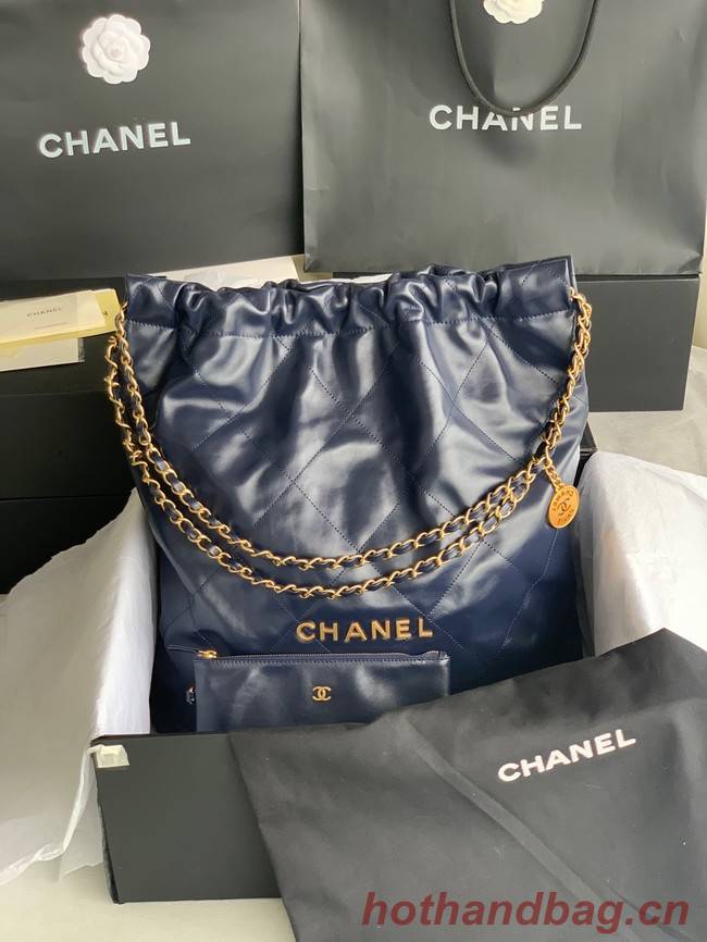 CHANEL 22 HANDBAG Shiny Calfskin & Gold-Tone Metal AS3262 dark blue