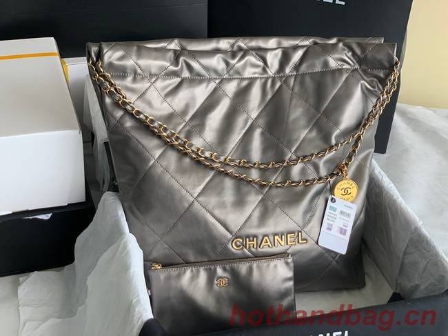 CHANEL 22 HANDBAG Shiny Calfskin & Gold-Tone Metal AS3262 silver grey