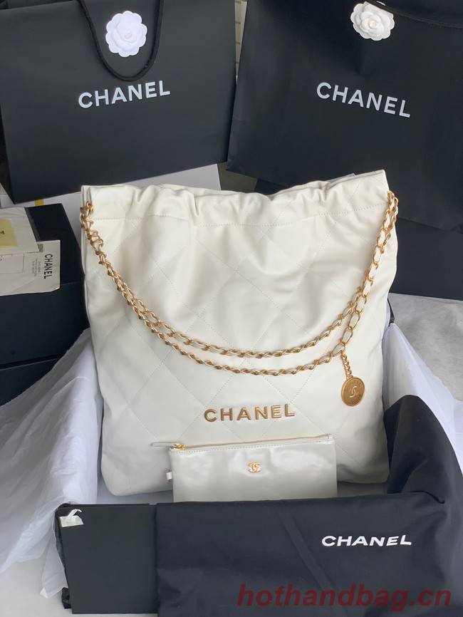 CHANEL 22 HANDBAG Shiny Calfskin & Gold-Tone Metal AS3262 white&gold