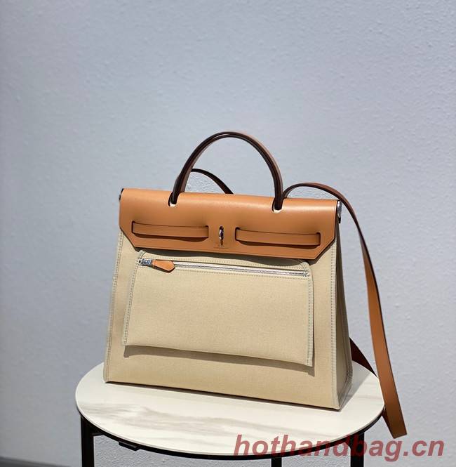 Hermes Herbag 31CM Original Canvas Leather & Calfskin 48887 Offwhite&Camel